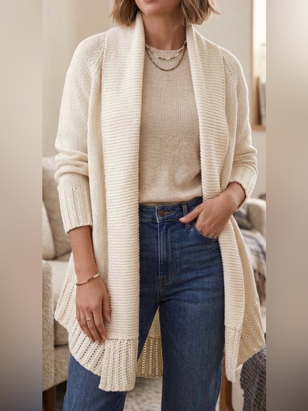 Style & Co. Cream Open-Front Ribbed Shawl Collar Cardigan